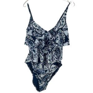 Ellen Tracy Swimsuit Size 10 One Piece Navy Blue Paisley Double Ruffle Swim NEW
